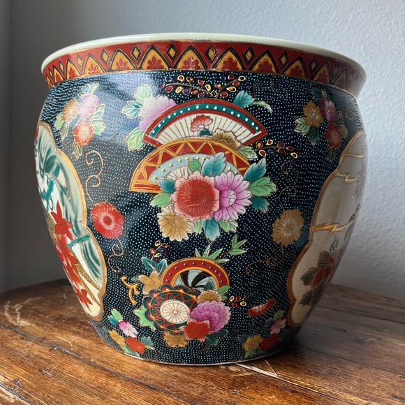 Vintage Chinoiserie Large Porcelain Koi Fish Planter Bowl Cachepot - Picture 5 of 12